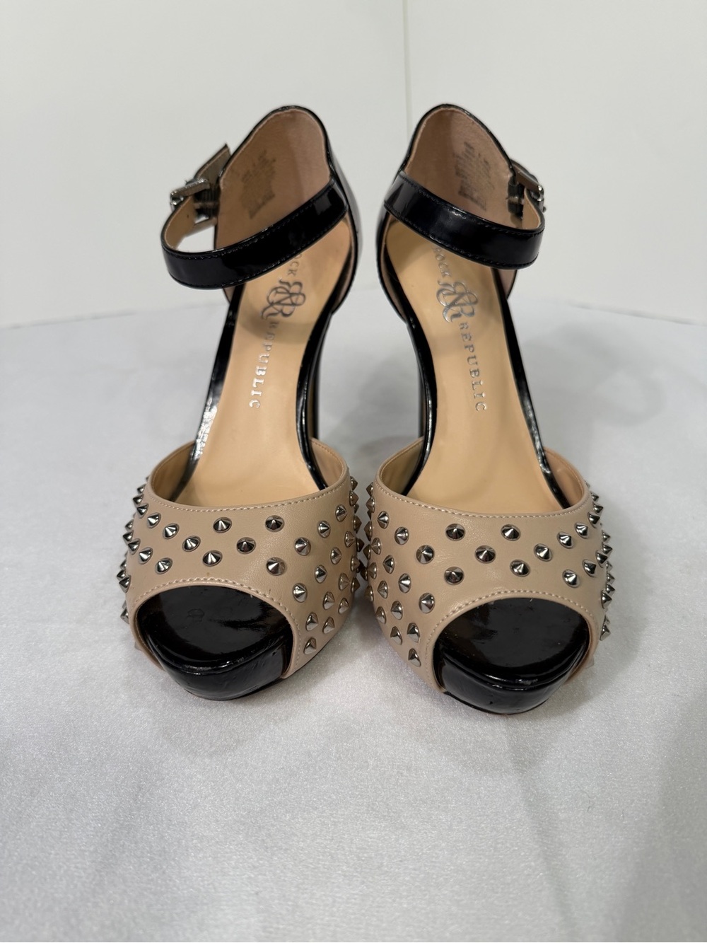 Rock & Republic Beige and Black Studded Peep Toe Ankle Strap Heels